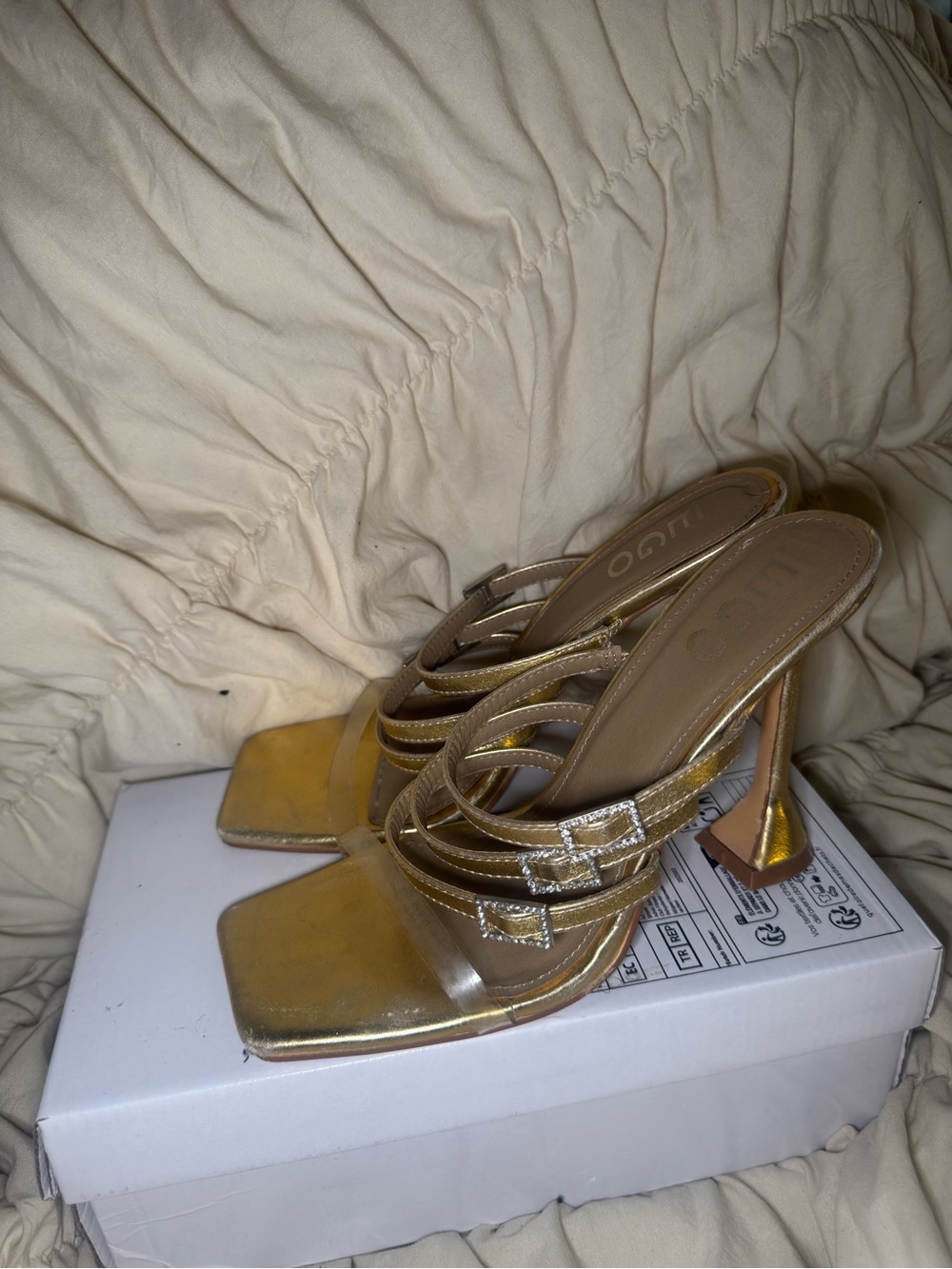 Gold Strappy Square-Toe Heeled Sandals